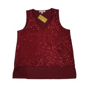 Michael Kors Womens Red Sequin Sleeveless V-Neck Top Size L, Blend, NWT.